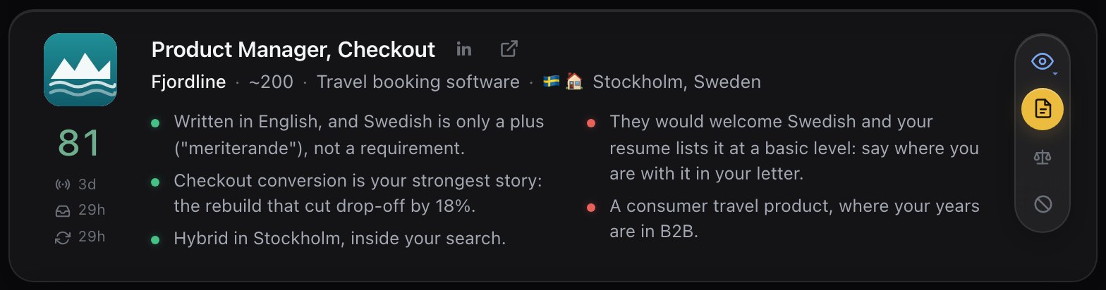 A Sherpa rating card for a product manager job in Stockholm, rated 81: written in English with Swedish only a plus, and a note that the resume lists basic Swedish